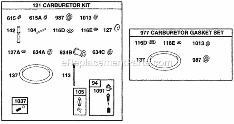 Carburetor Kits Diagram and Parts List for  Briggs and Stratton Engine